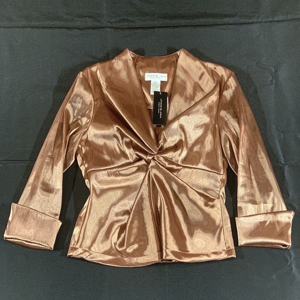 Jackie Jon New York Blouse‎ Womens 4 Mocha Metallic Twist Front Evening Glam Top